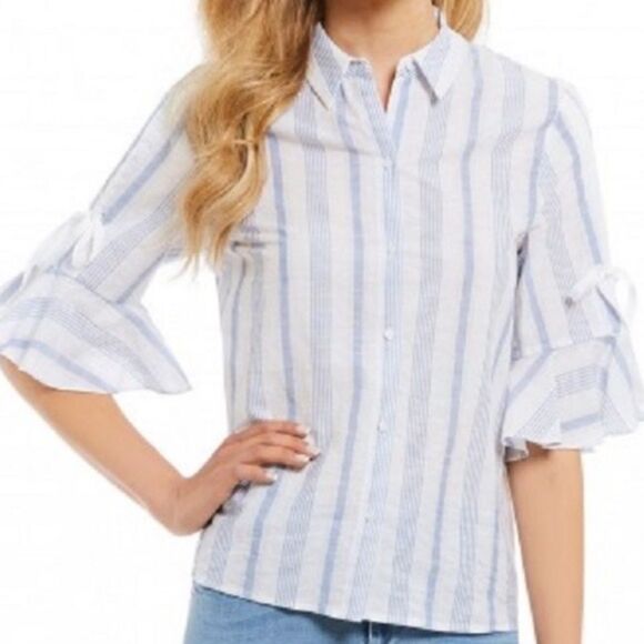 A Loves A Blue White Striped Linen Blouse Sz L - Picture 1 of 8